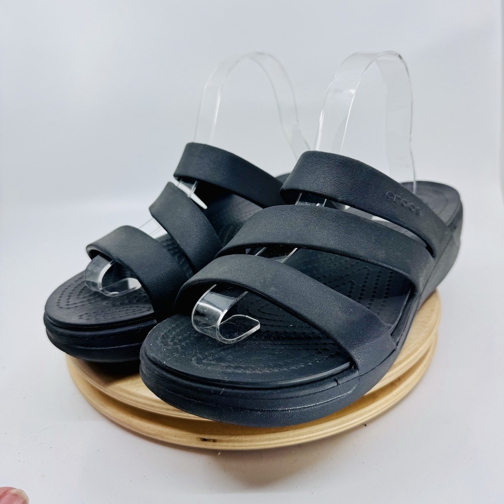 Crocs Getaway Strappy Sandals Womens 11 Black Slide Comfort Beach Shoes